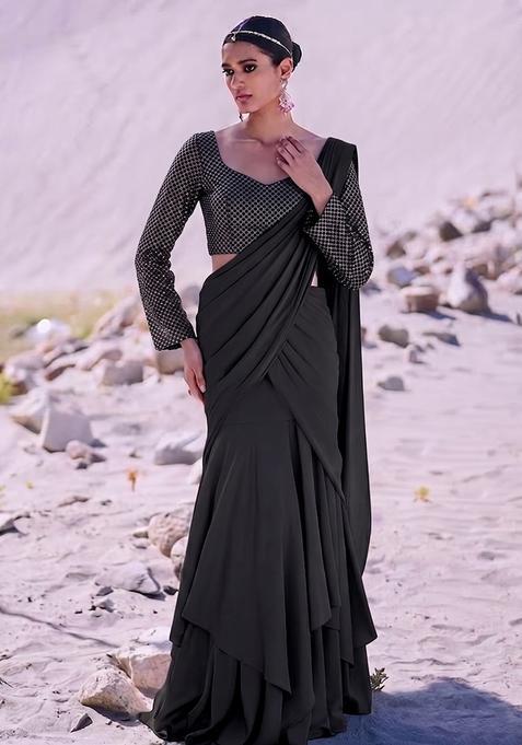 Black Embroidered Georgette Pre Draped Saree Set
