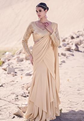 Peach Embroidered Georgette Pre Draped Saree Set