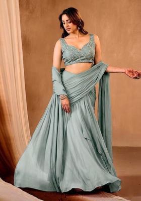 Green Embroidered Chanderi Lehenga Set