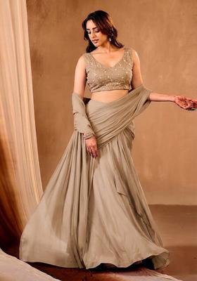 Beige Embroidered Chanderi Lehenga Set