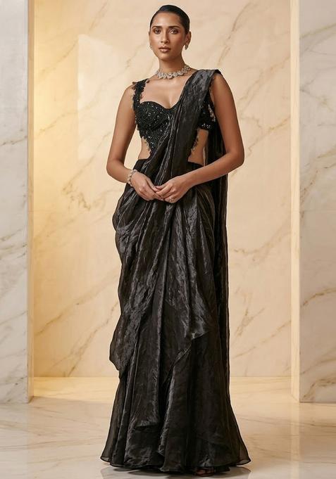 Jet Black Embroidered Handwork Pre Draped Saree Set