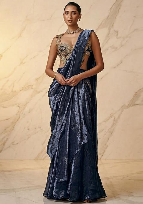 Midnight Blue Embroidered Handwork Pre Draped Saree Set