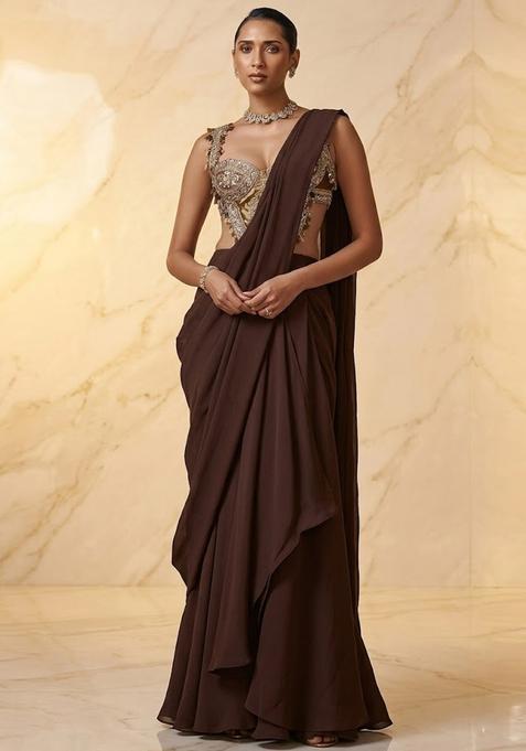 Chocolate Brown Embroidered Handwork Pre Draped Saree Set