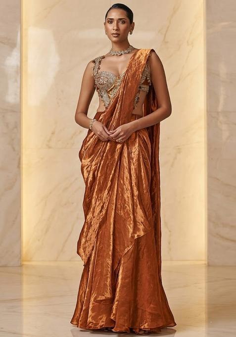 Burnt Orange Embroidered Handwork Pre Draped Saree Set