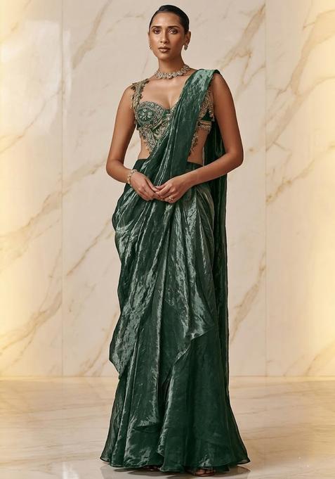 Bottle Green Embroidered Handwork Pre Draped Saree Set