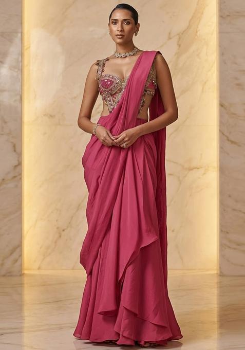 Rose Pink Embroidered Handwork Pre Draped Saree Set