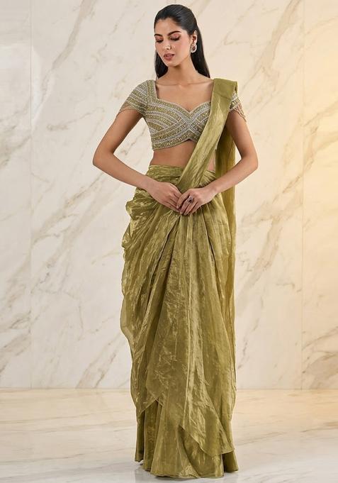 Olive Green Embroidered Handwork Pre Draped Saree Set