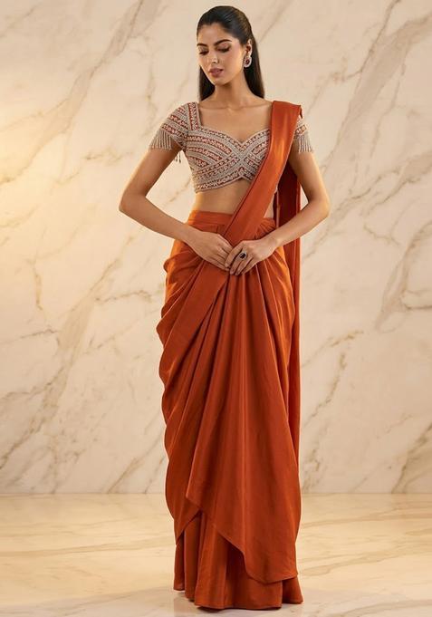 Rust Orange Embroidered Handwork Pre Draped Saree Set