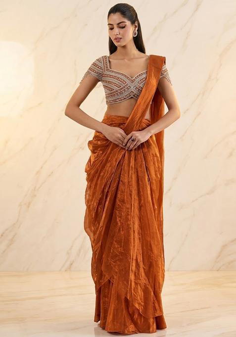 Pumpkin Orange Embroidered Handwork Pre Draped Saree Set