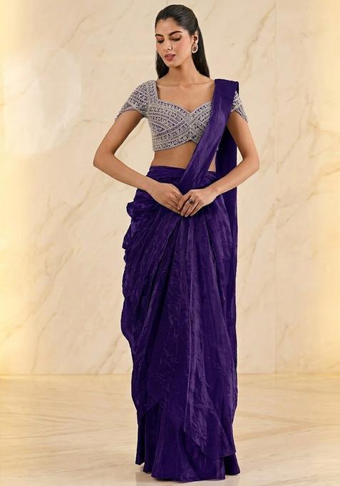 Deep Violet Embroidered Handwork Pre Draped Saree Set