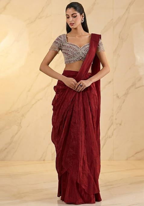 Crimson Red Embroidered Handwork Pre Draped Saree Set