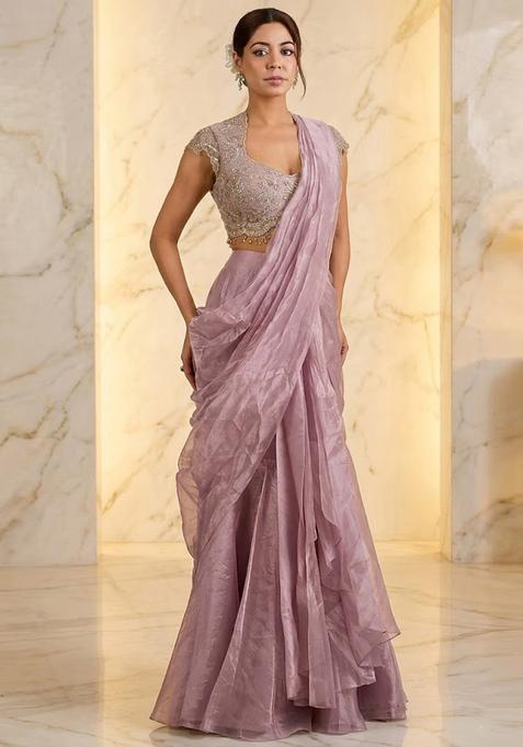 Dusty Mauve Embroidered Handwork Pre Draped Saree Set