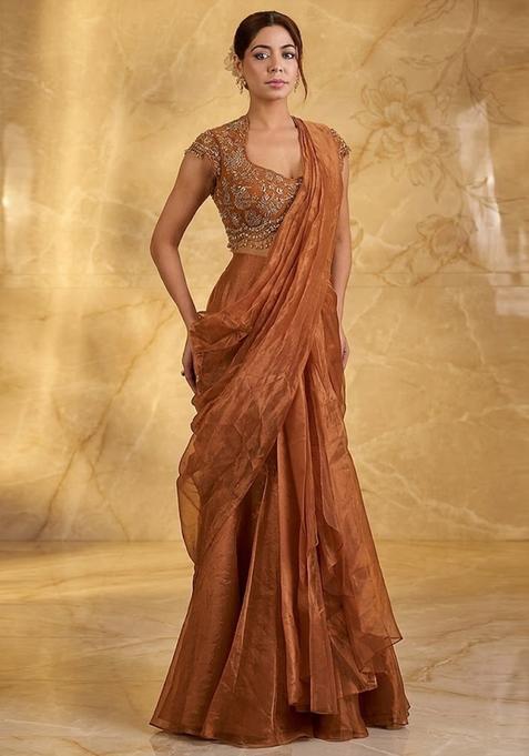 Rust Orange Embroidered Handwork Pre Draped Saree Set