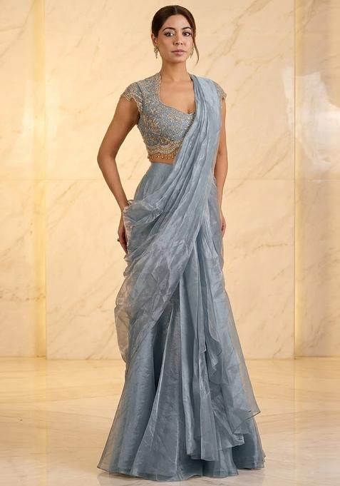 Smoke Blue Embroidered Handwork Pre Draped Saree Set