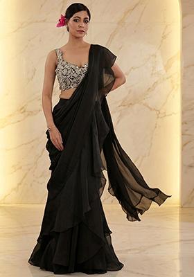 Jet Black Embroidered Handwork Pre Draped Saree Set