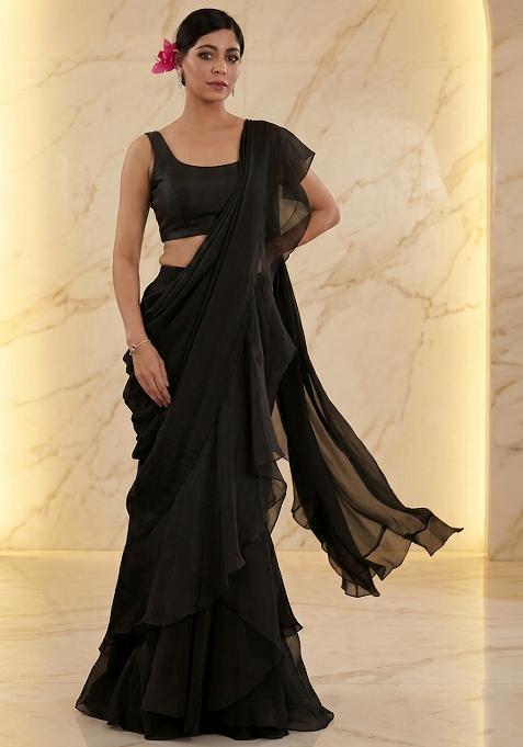 Jet Black Embroidered Handwork Pre Draped Saree Set