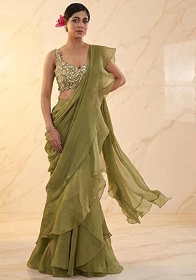 Olive Green Embroidered Handwork Pre Draped Saree Set