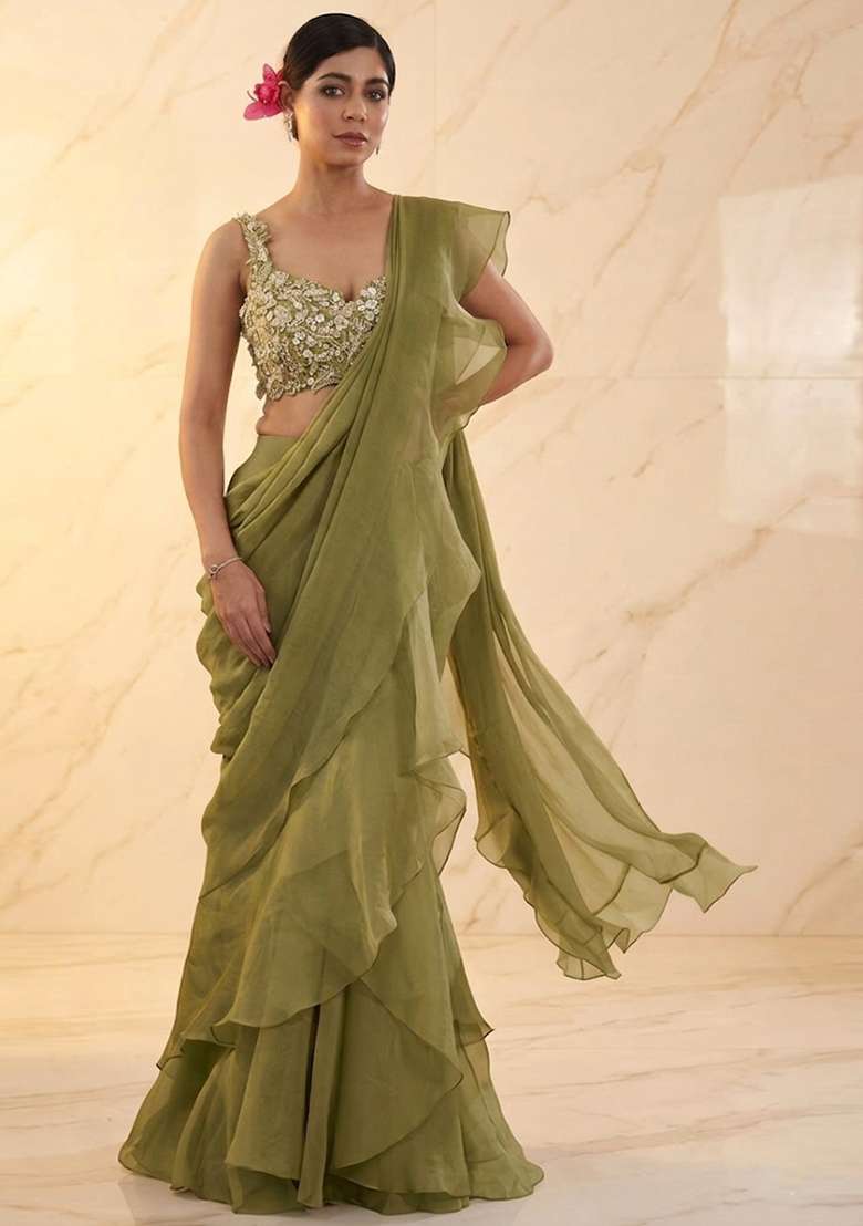 Olive Green Embroidered Handwork Pre Draped Saree Set - Indya