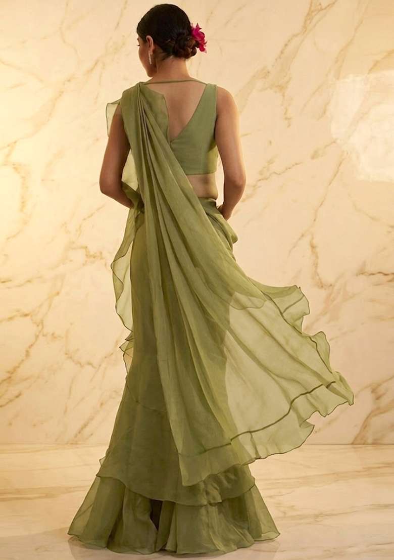 Olive Green Embroidered Handwork Pre Draped Saree Set - Indya
