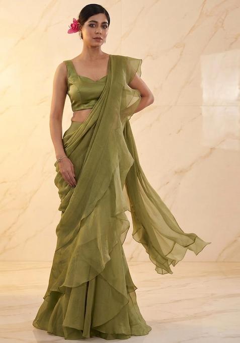 Olive Green Embroidered Handwork Pre Draped Saree Set