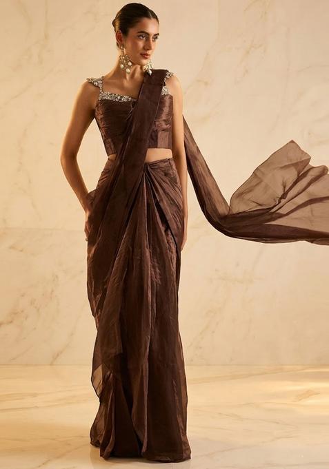 Chocolate Brown Embroidered Handwork Pre Draped Saree Set