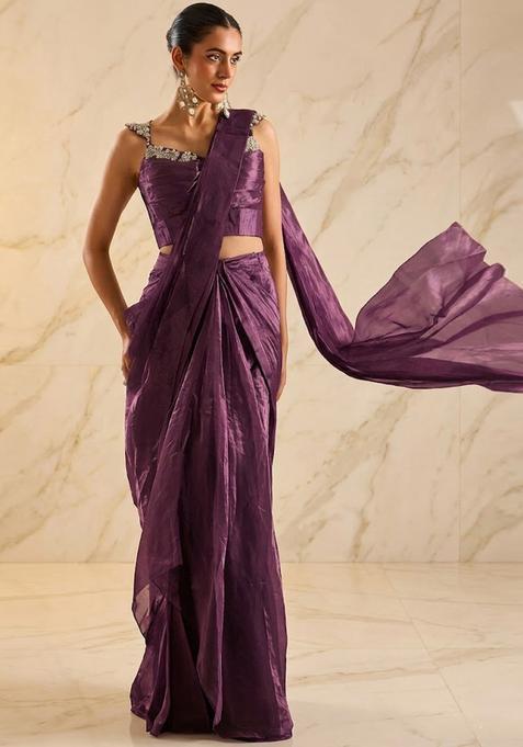 Plum Purple Embroidered Handwork Pre Draped Saree Set