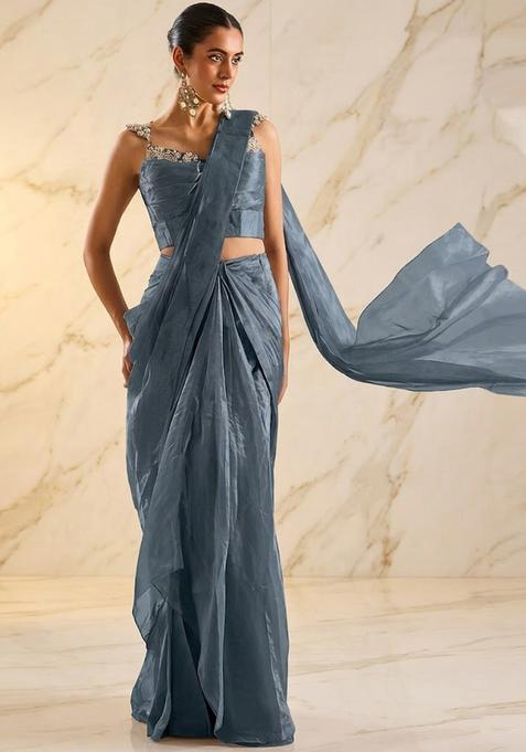 Smoke Blue Embroidered Handwork Pre Draped Saree Set