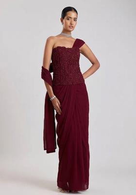 Wine Red Embroidered Handwork Pre Draped Saree Set
