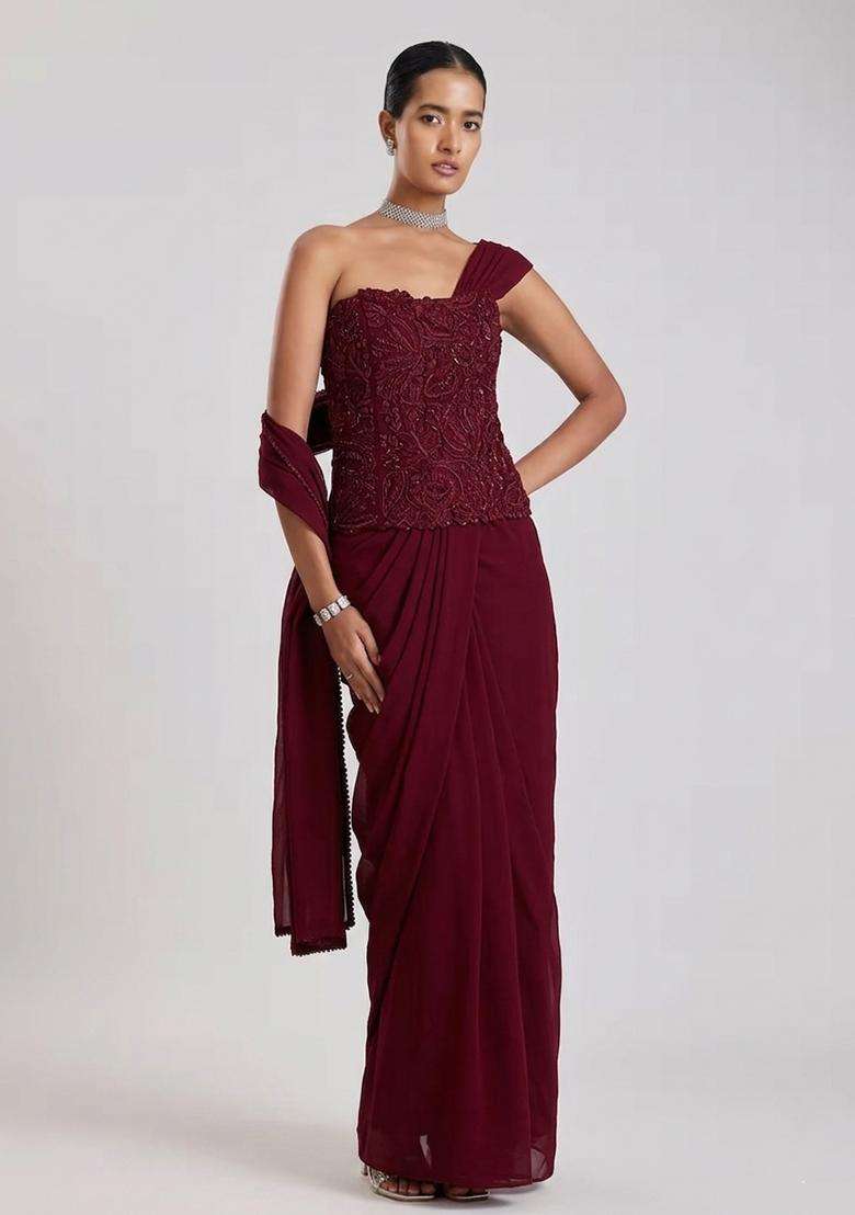 Wine Red Embroidered Handwork Pre Draped Saree Set - Indya