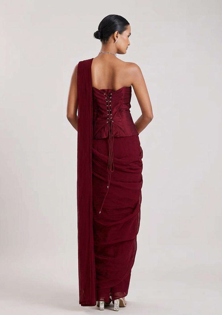 Wine Red Embroidered Handwork Pre Draped Saree Set - Indya
