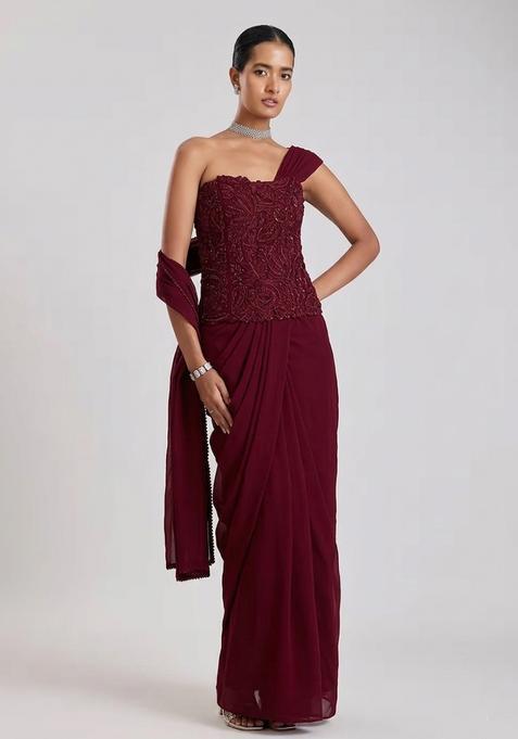 Wine Red Embroidered Handwork Pre Draped Saree Set