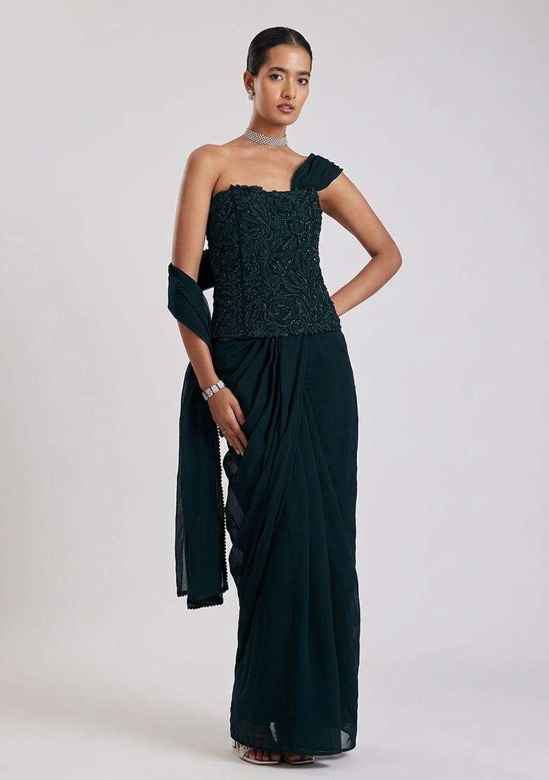 Emerald Green Embroidered Handwork Pre Draped Saree Set - Indya