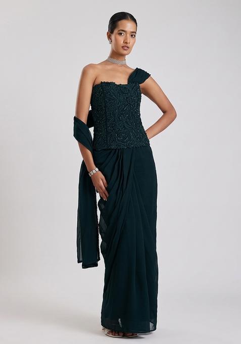 Emerald Green Embroidered Handwork Pre Draped Saree Set