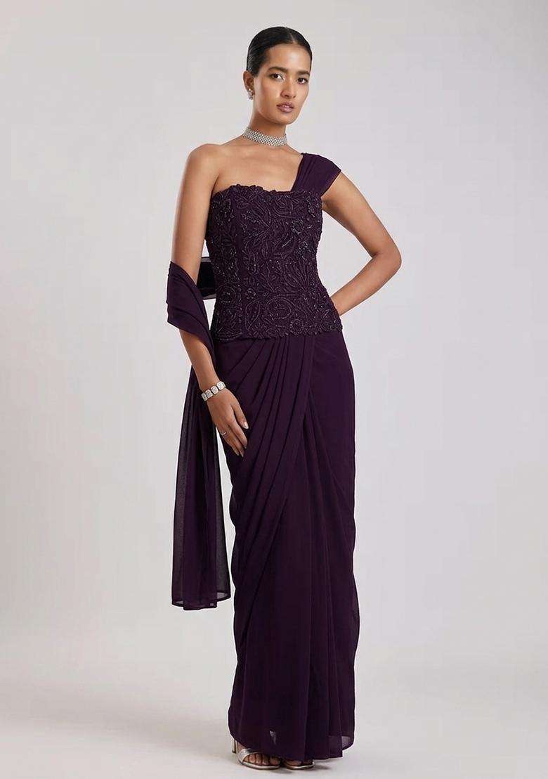 Plum Purple Embroidered Handwork Pre Draped Saree Set - Indya