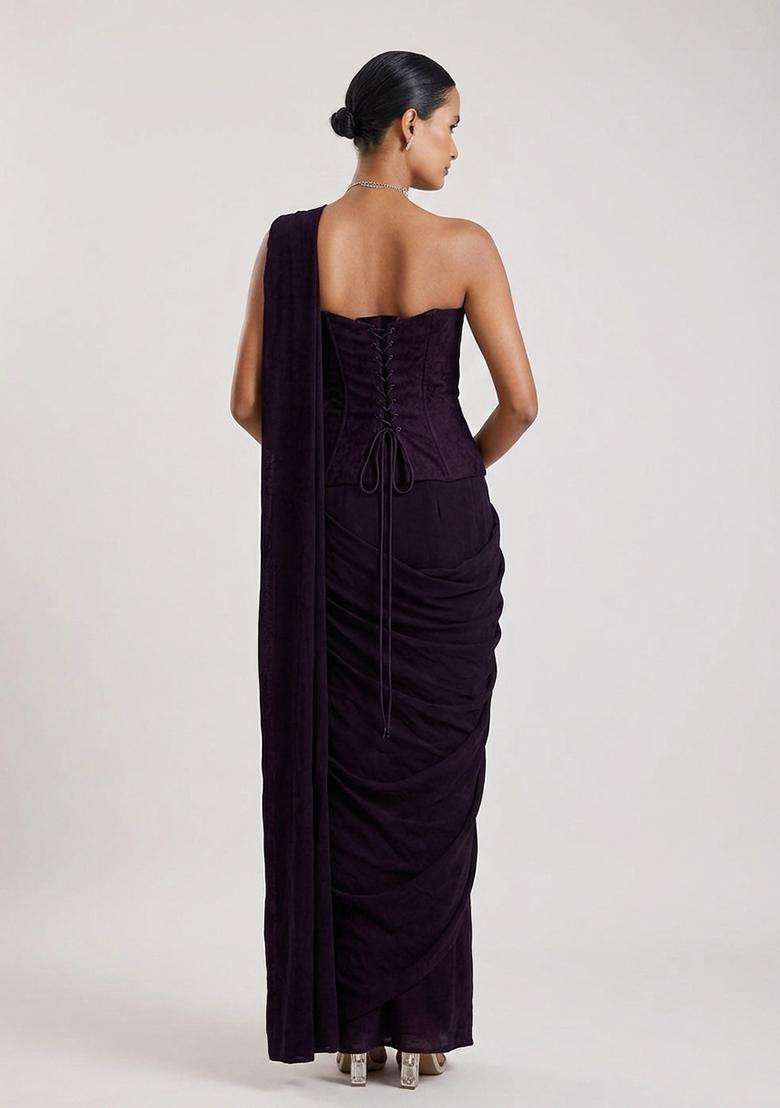 Plum Purple Embroidered Handwork Pre Draped Saree Set - Indya