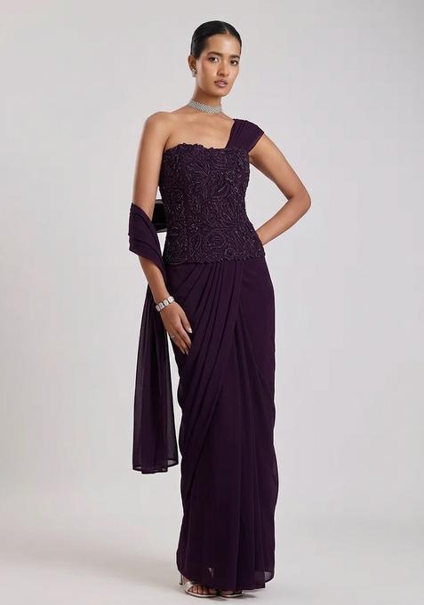 Plum Purple Embroidered Handwork Pre Draped Saree Set