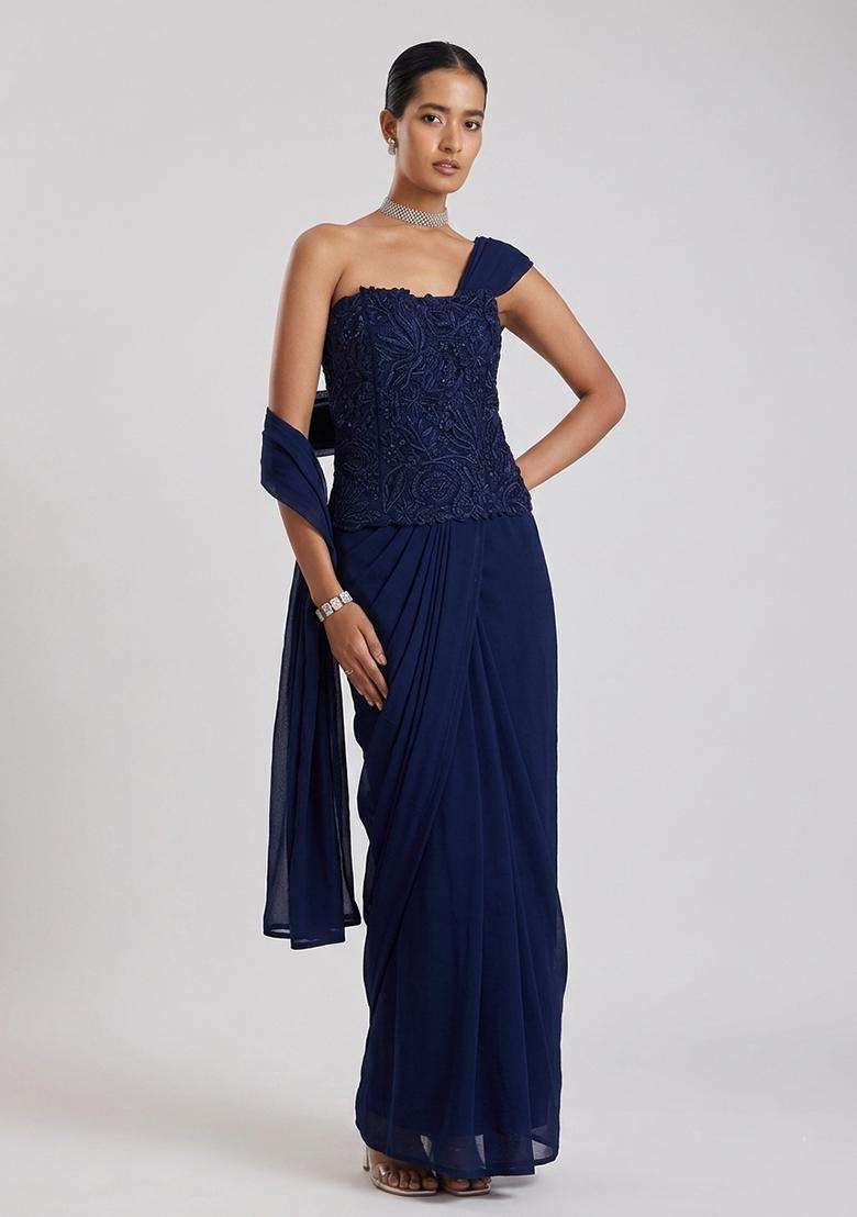 Navy Blue Embroidered Handwork Pre Draped Saree Set - Indya