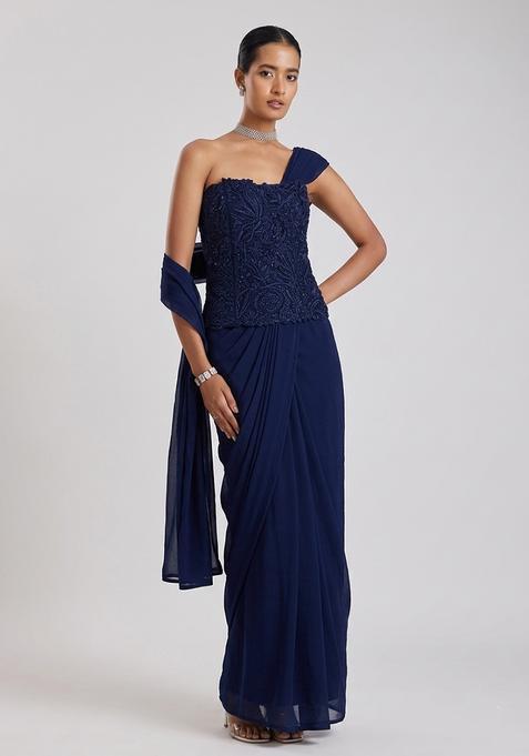 Navy Blue Embroidered Handwork Pre Draped Saree Set