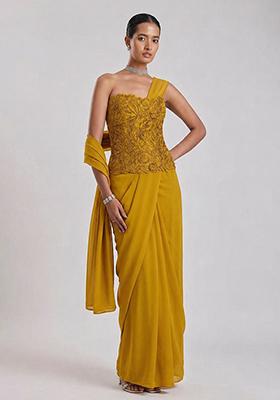 Mustard Yellow Embroidered Handwork Pre Draped Saree Set