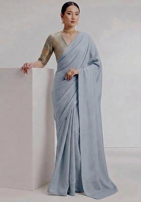 Blue Silk Blend Pre Draped Saree Set