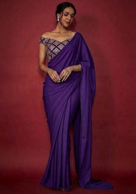 Purple Embroidered Crepe Pre Draped Saree Set