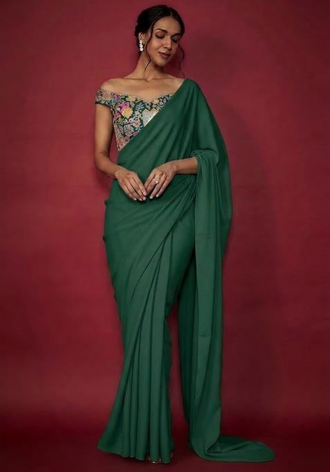 Green Printed Crepe Pre Draped Saree Set