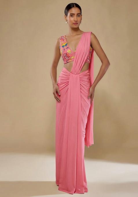 Pink Printed Chinon Pre Draped Saree Set