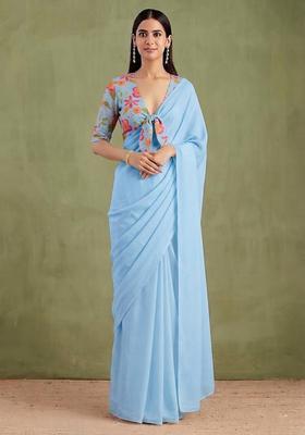 Blue Printed Chanderi Pre Draped Saree Set
