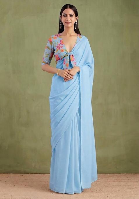 Blue Printed Chanderi Pre Draped Saree Set