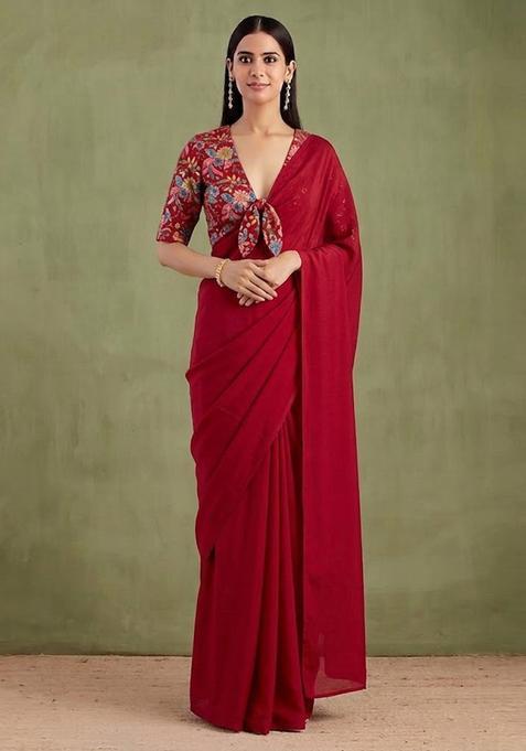 Red Printed Crepe Pre Draped Saree Set
