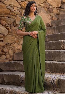 Green Printed Crepe Pre Draped Saree Set