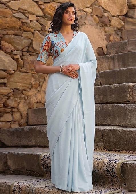 Blue Printed Organza Pre Draped Saree Set — view on Indya