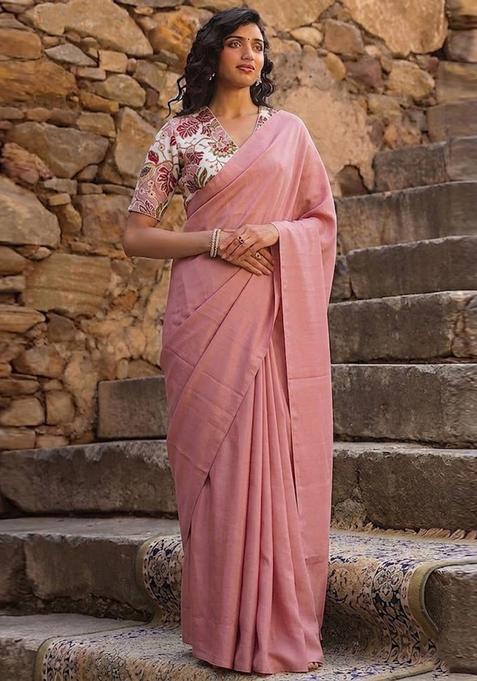 Pink Printed Crepe Pre Draped Saree Set