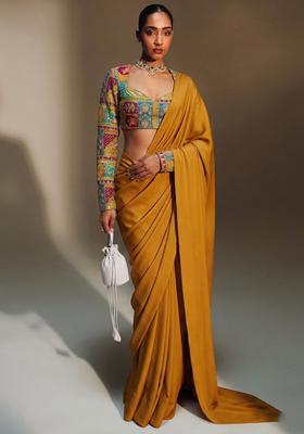 Yellow Printed Crepe Pre Draped Saree Set